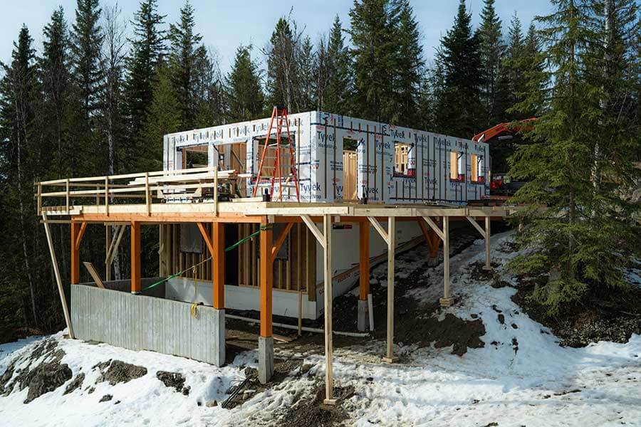 Smith Timber Works prefabricated home on timber foundation, British Columbia.