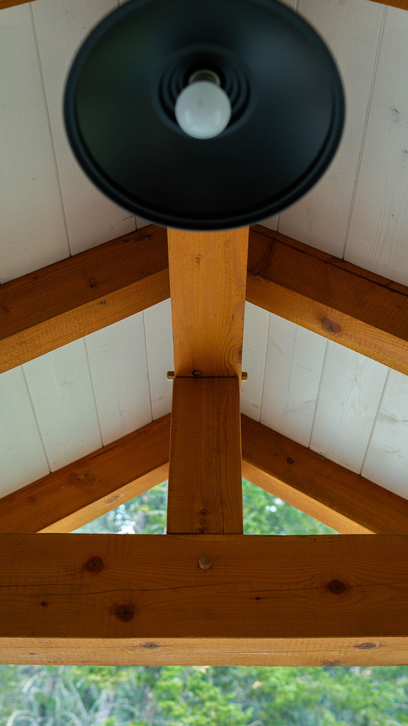 Exposed timber truss with black farmhouse-style pendant light and white tongue-and-groove ceiling paneling.
