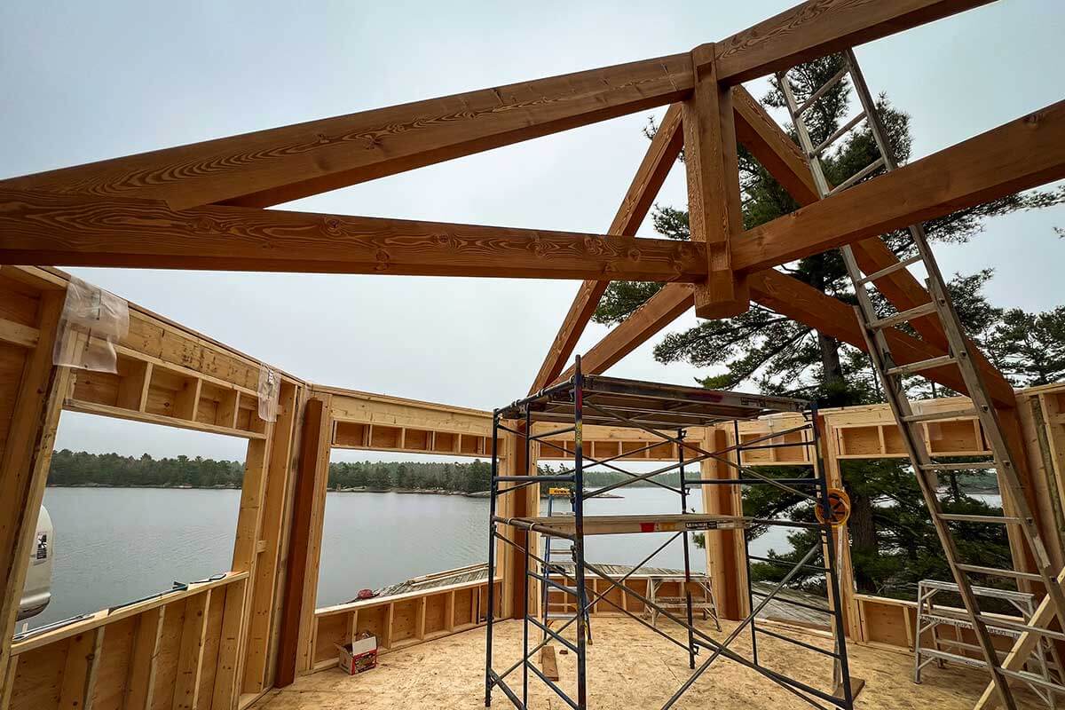 Structural timber frame roof system by Smith Timber Works, Canadian lakefront.