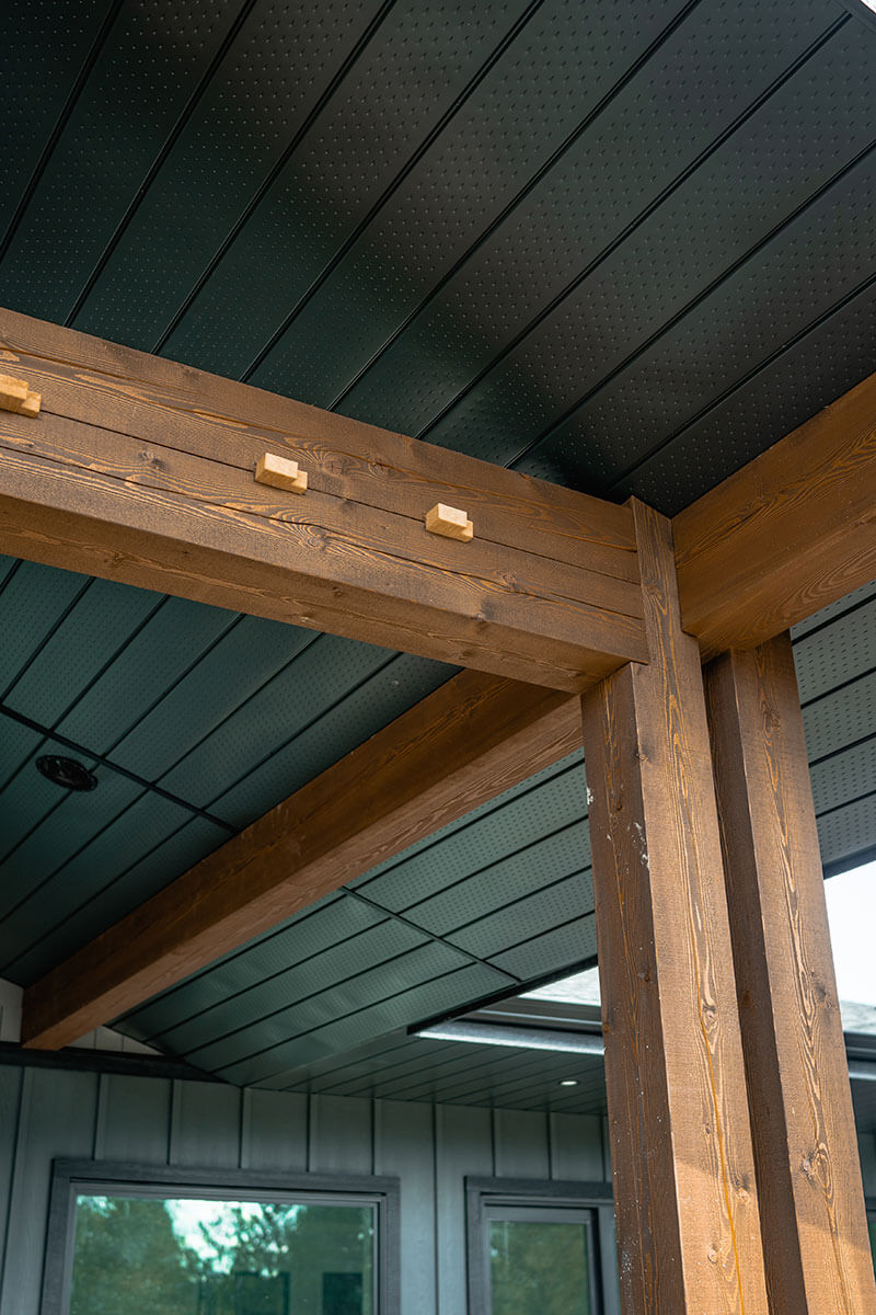 Smith Timber Works' structural timber beams and wood ceiling, British Columbia.