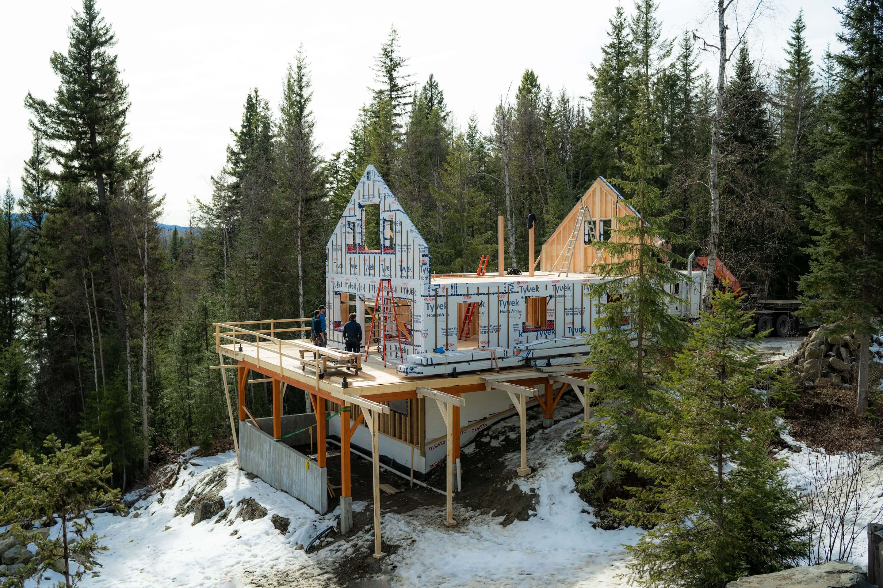 Prefabricated home construction with timber elements by Smith Timber Works, British Columbia.
