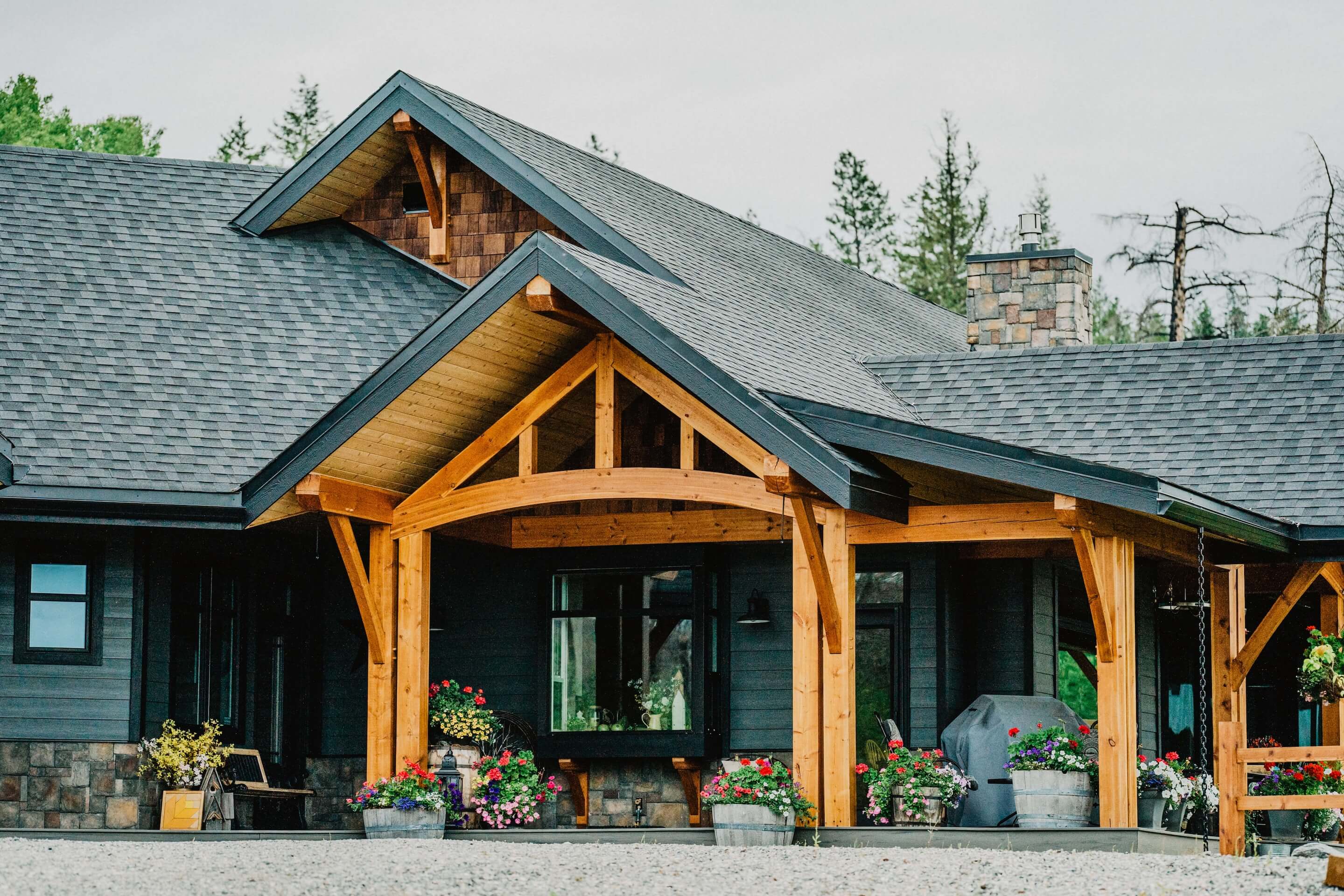 Vibrant timber frame entry porch on a modern home, British Columbia design