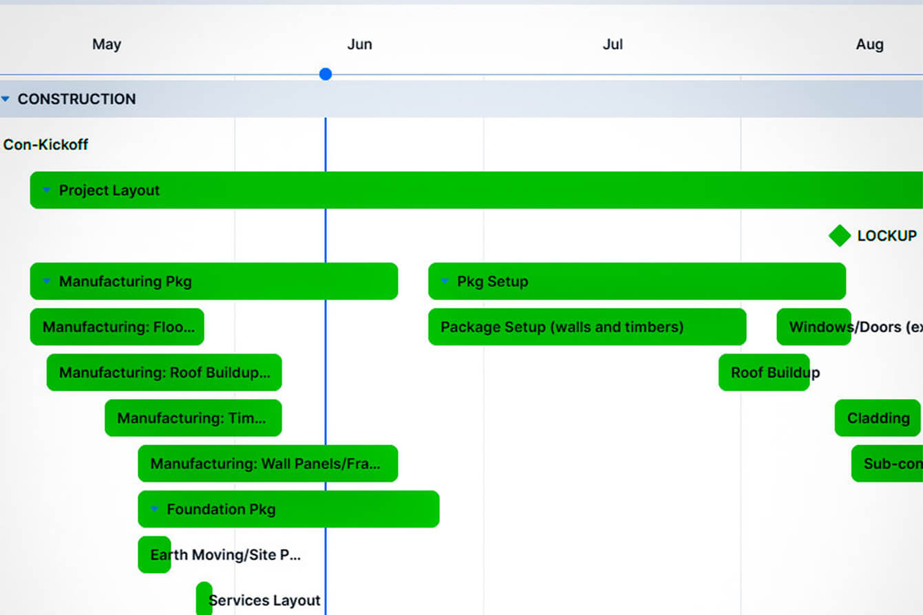 Project timeline showing construction and manufacturing phases for a Smith Timber Works prefabricated build.