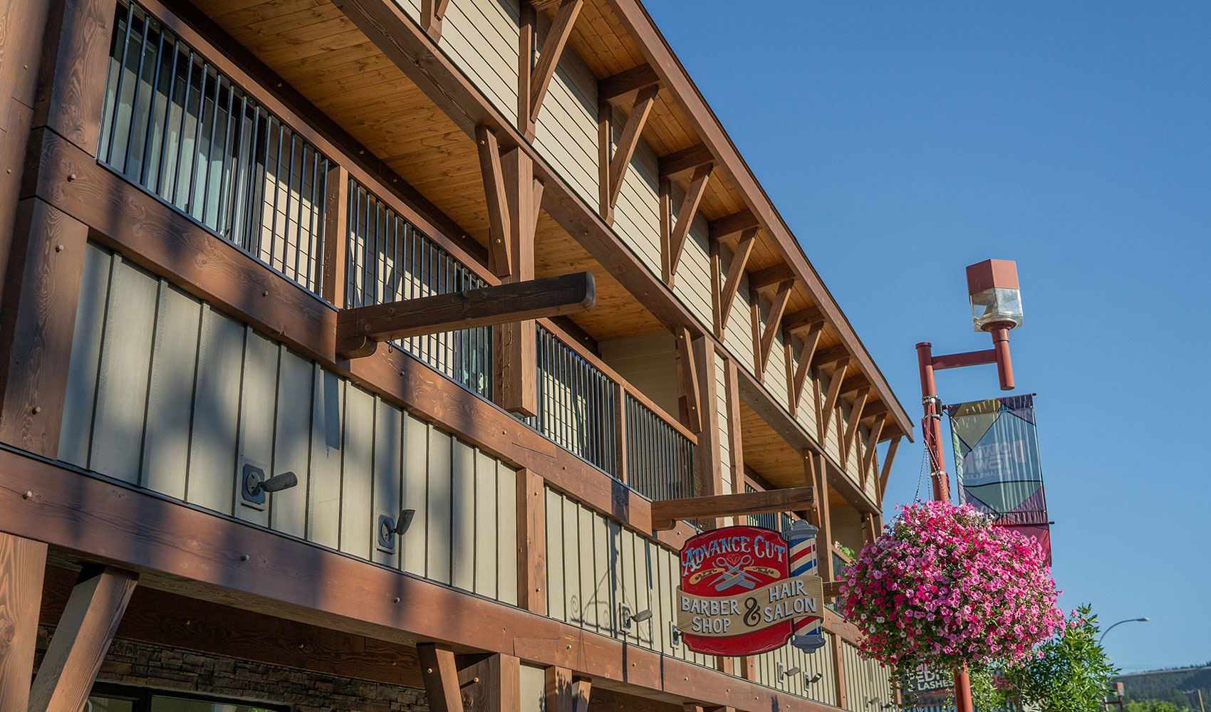 Timber-accented commercial building with exposed beam detailing, showcasing Smith Timber Works’ architectural woodwork.