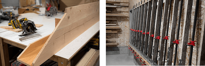 Timber components in fabrication and glue-up stages at Smith Timber Works’ woodworking facility.