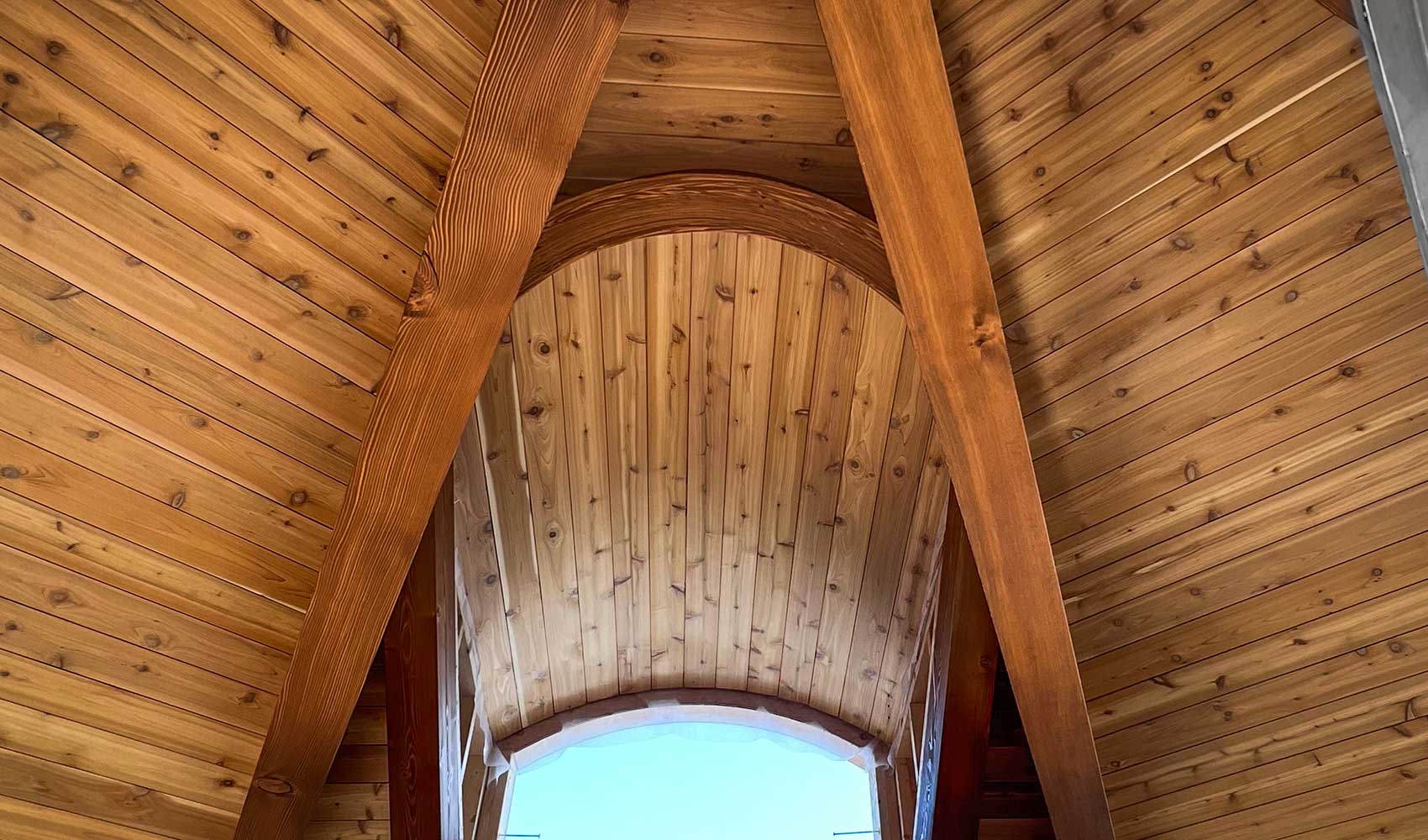 Stunning timber frame vaulted ceiling by Smith Timber Works, Canada.