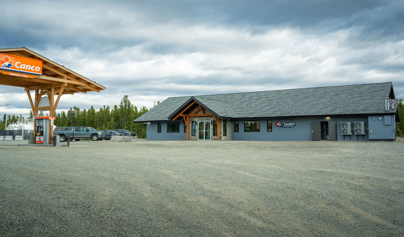 Commercial building featuring a timber frame entrance and canopy by Smith Timber Works in British Columbia.