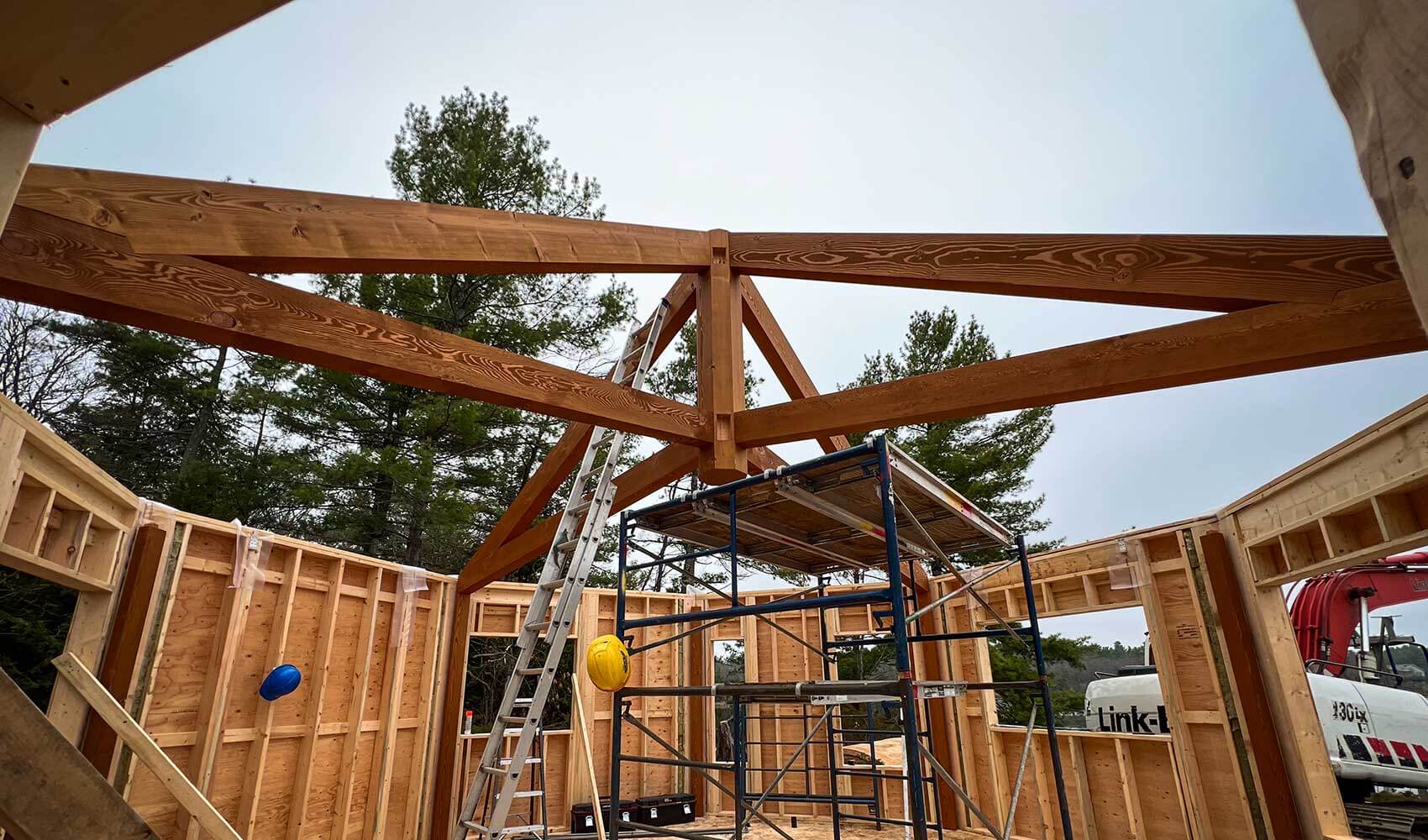 Prefabricated timber truss installation by Smith Timber Works, British Columbia.