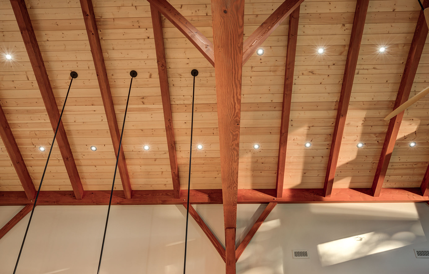 Exposed timber roof structure with vaulted ceiling and integrated lighting, crafted by Smith Timber Works for architectural impact.