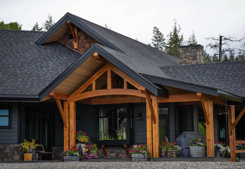 Vibrant timber frame entry porch on a modern home, British Columbia design