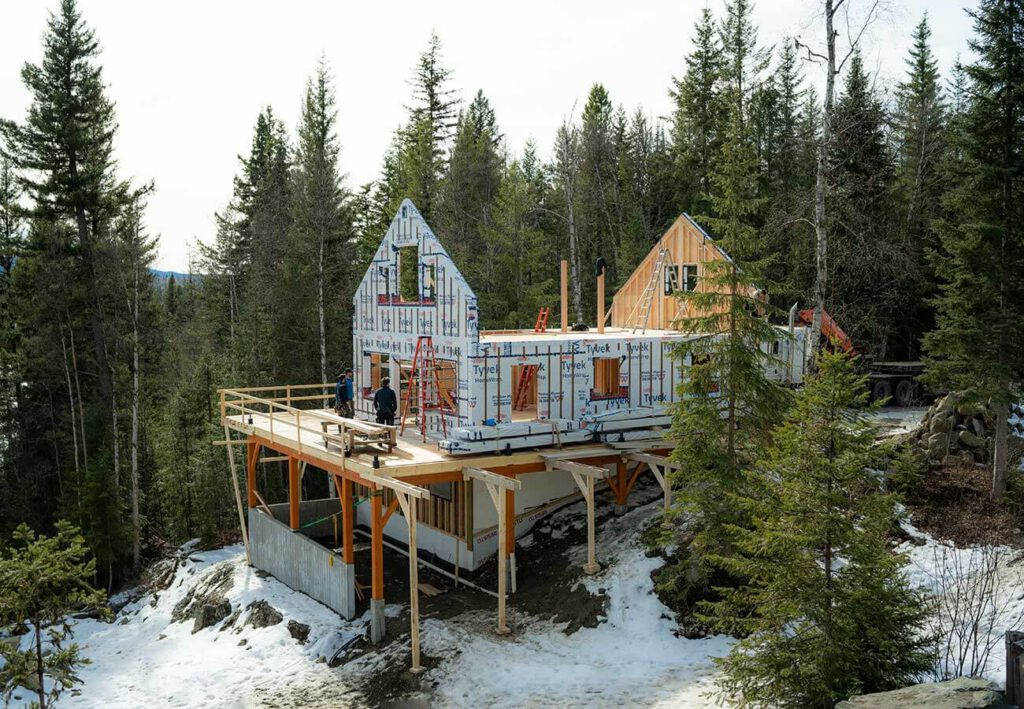Prefabricated home construction with timber elements by Smith Timber Works, British Columbia.